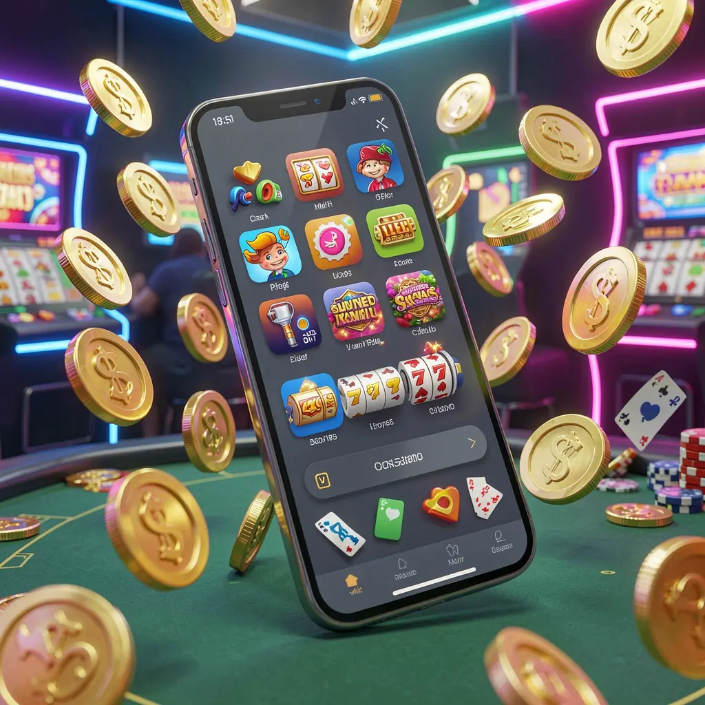 Realistic 3D render of a modern phone displaying the GX77 Android casino app with app icons, surrounded by golden coins and slot symbols in a neon casino atmosphere