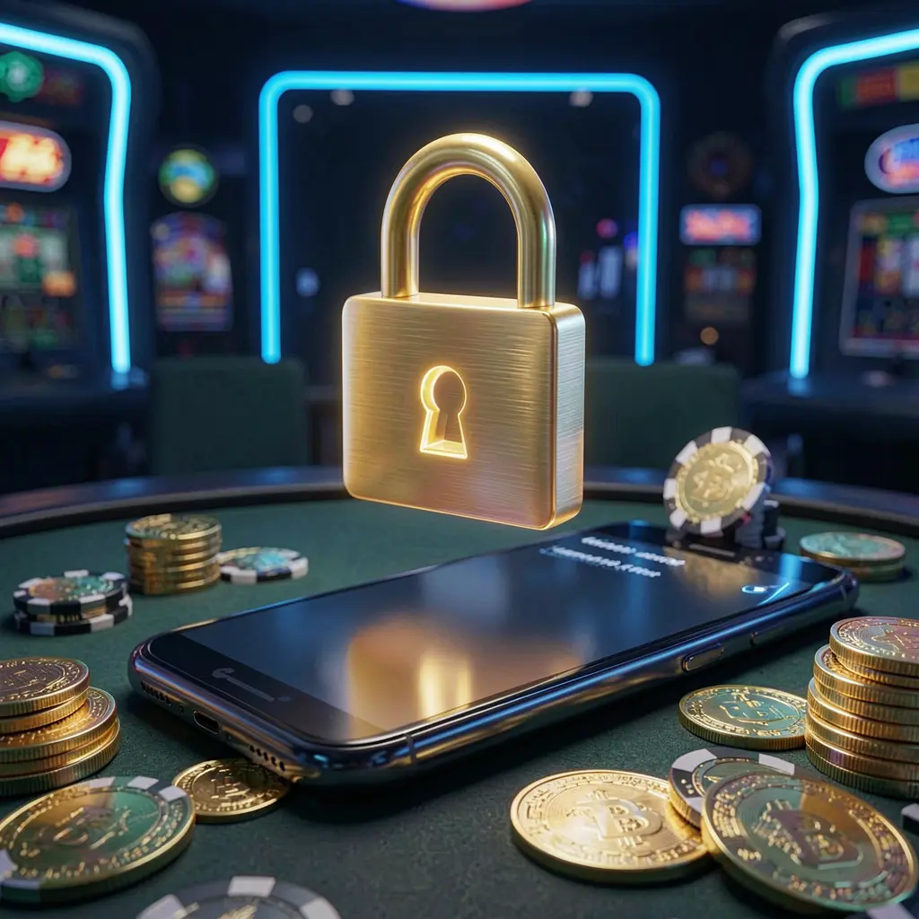 GX77 casino login security image showing a glowing padlock floating above a smartphone with golden coins and chips scattered around on a dark blue neon background