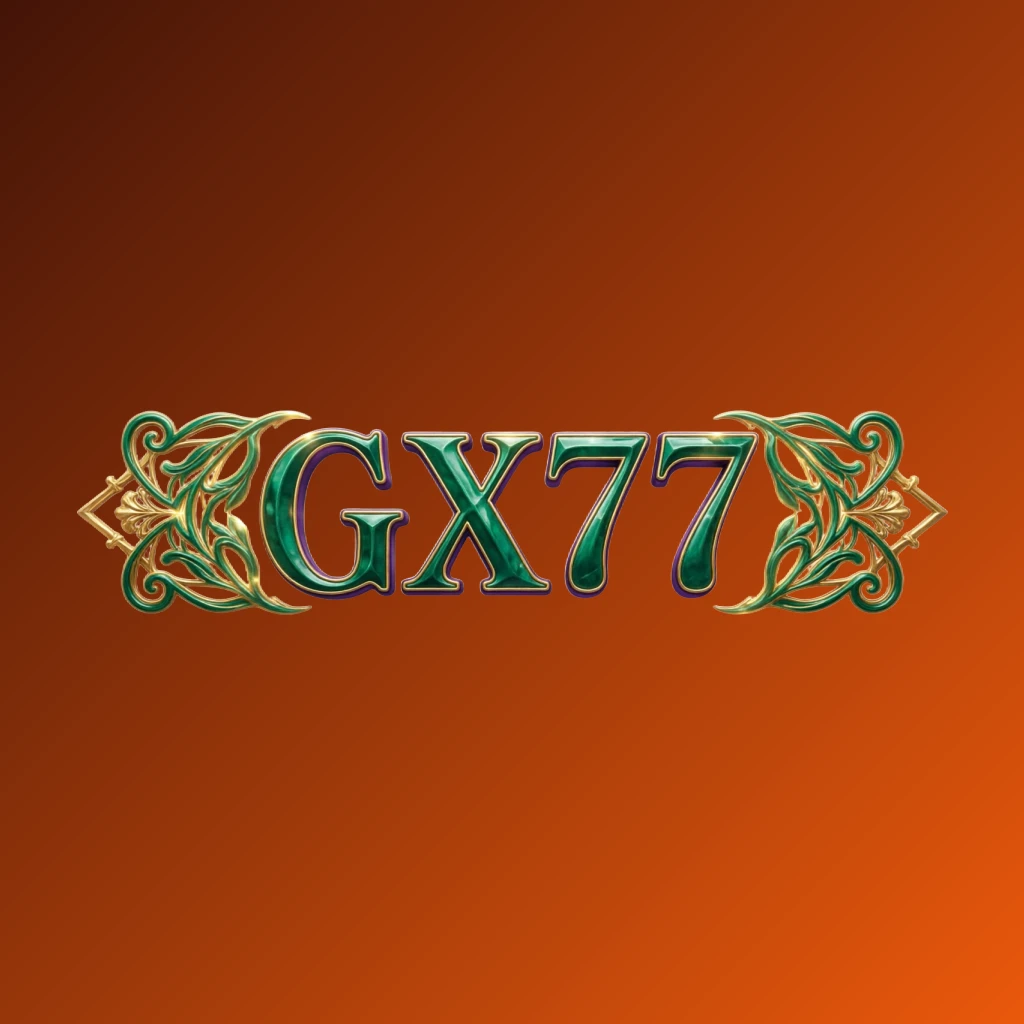 Luxury colorful GX77 logo with bold serif typography in rich emerald, violet, and gold palette featuring elegant glowing ornaments on a transparent background, designed as a horizontal rectangular wordmark logo for a premium brand identity