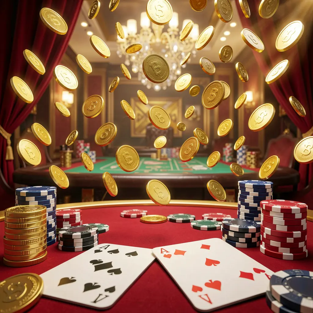 GX77 online gaming platform homepage banner featuring bright casino lights with golden coins raining, poker chips and playing cards in the foreground, set in a luxury red and gold atmosphere in a high detail 3D render